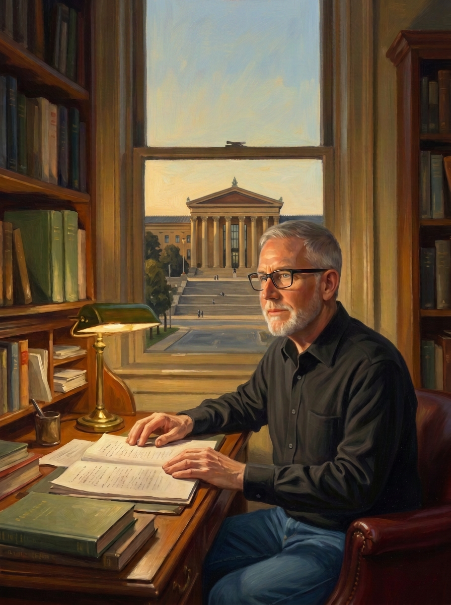 A painterly portrait of author James Mulhern at his writing desk, looking out over the Philadelphia skyline at dusk