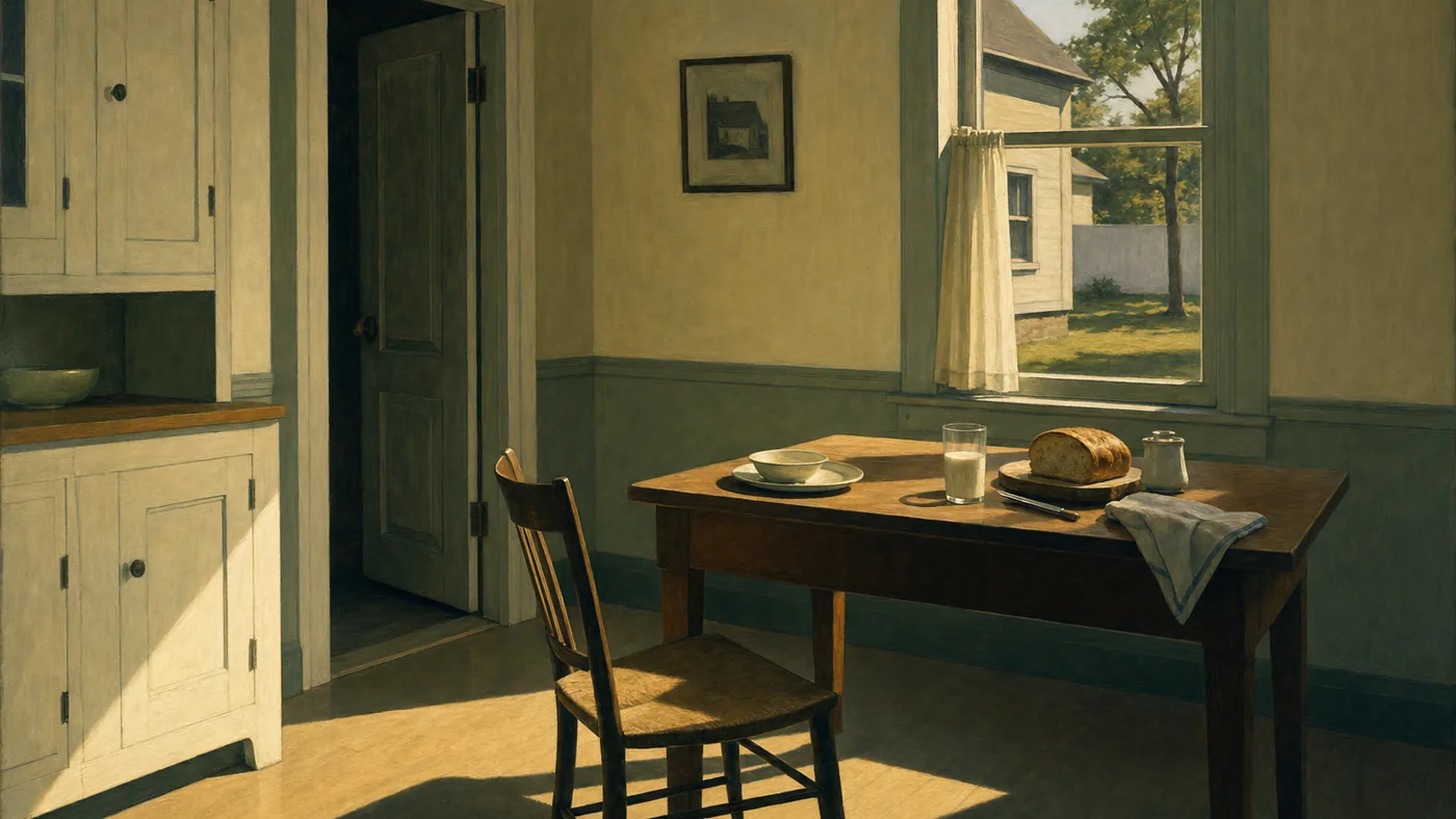 Painting in the manner of Edward Hopper: A modest kitchen table set with bread and milk in early morning light.