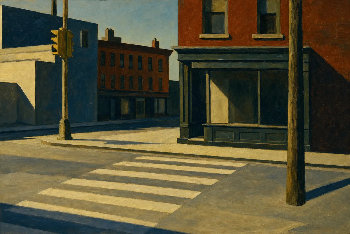 Painting in the style of Edward Hopper of an empty city street corner with a painted crosswalk and long raking shadows