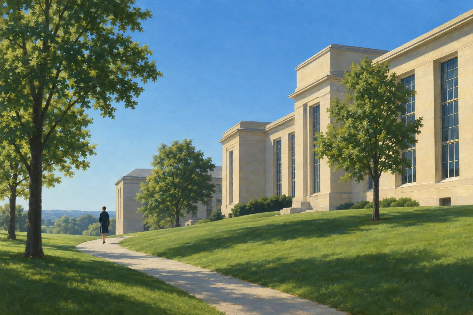 Painting in the manner of Edward Hopper: A pale sandstone institutional building on a sloping green lawn under a clear blue morning sky, with a winding path.