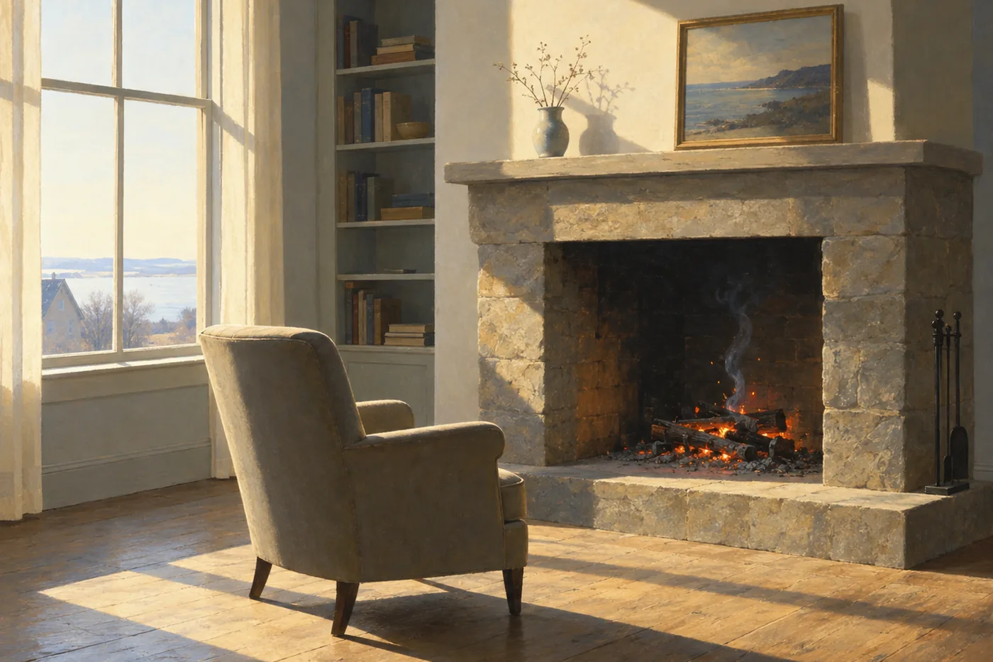 Painting in the manner of Edward Hopper: A quiet room in morning light, a stone fireplace holding a low fire of glowing embers beneath a tall bright window.