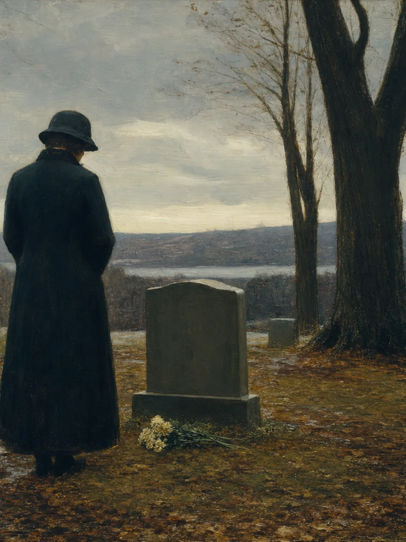 Painting in the manner of Edward Hopper: A lone figure standing at a grave in a late autumn cemetery, damp leaves on the ground.