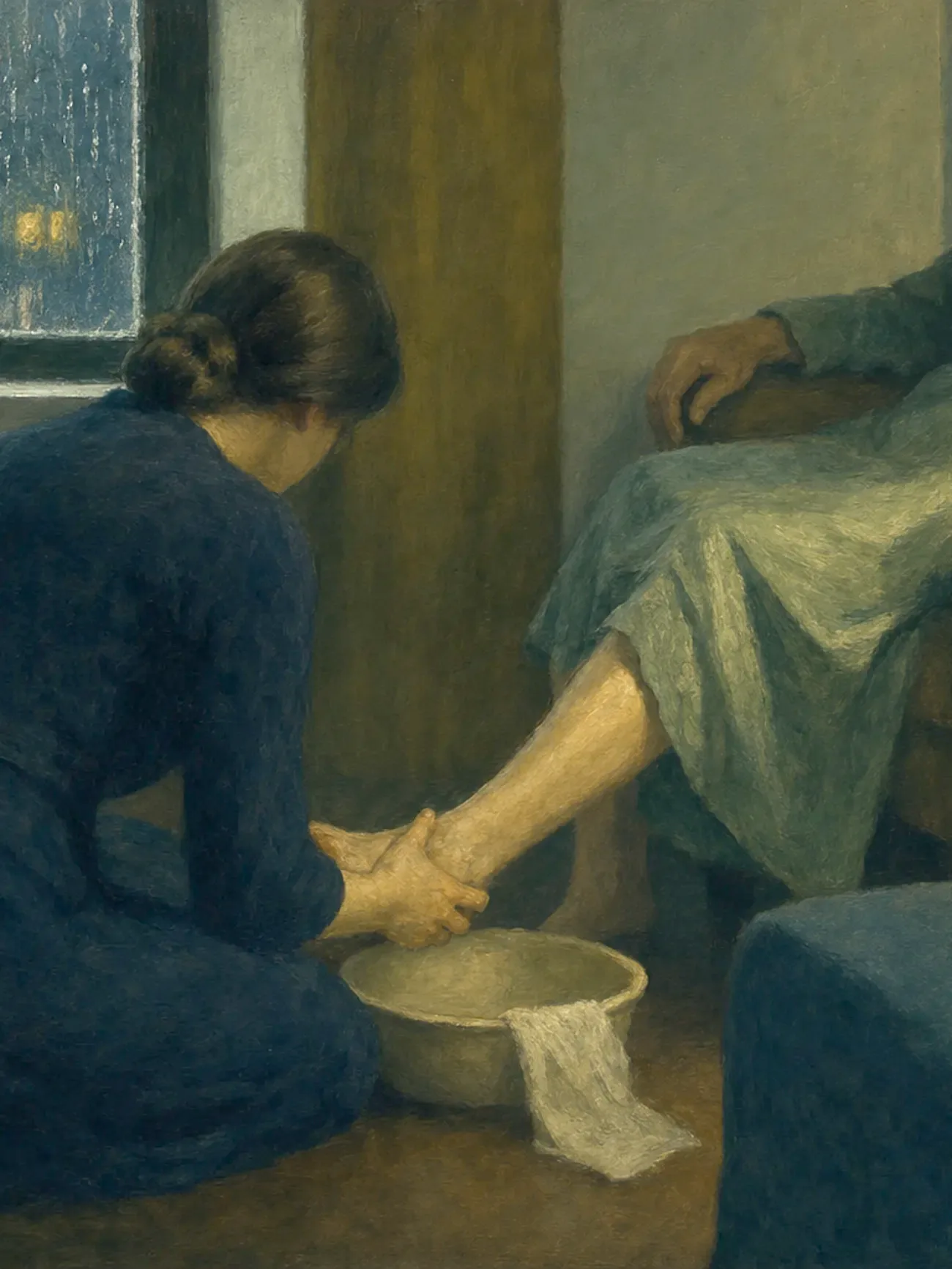 Painting in the manner of Edward Hopper: A kneeling caregiver gently tending the foot of an elderly person in a dim domestic interior.