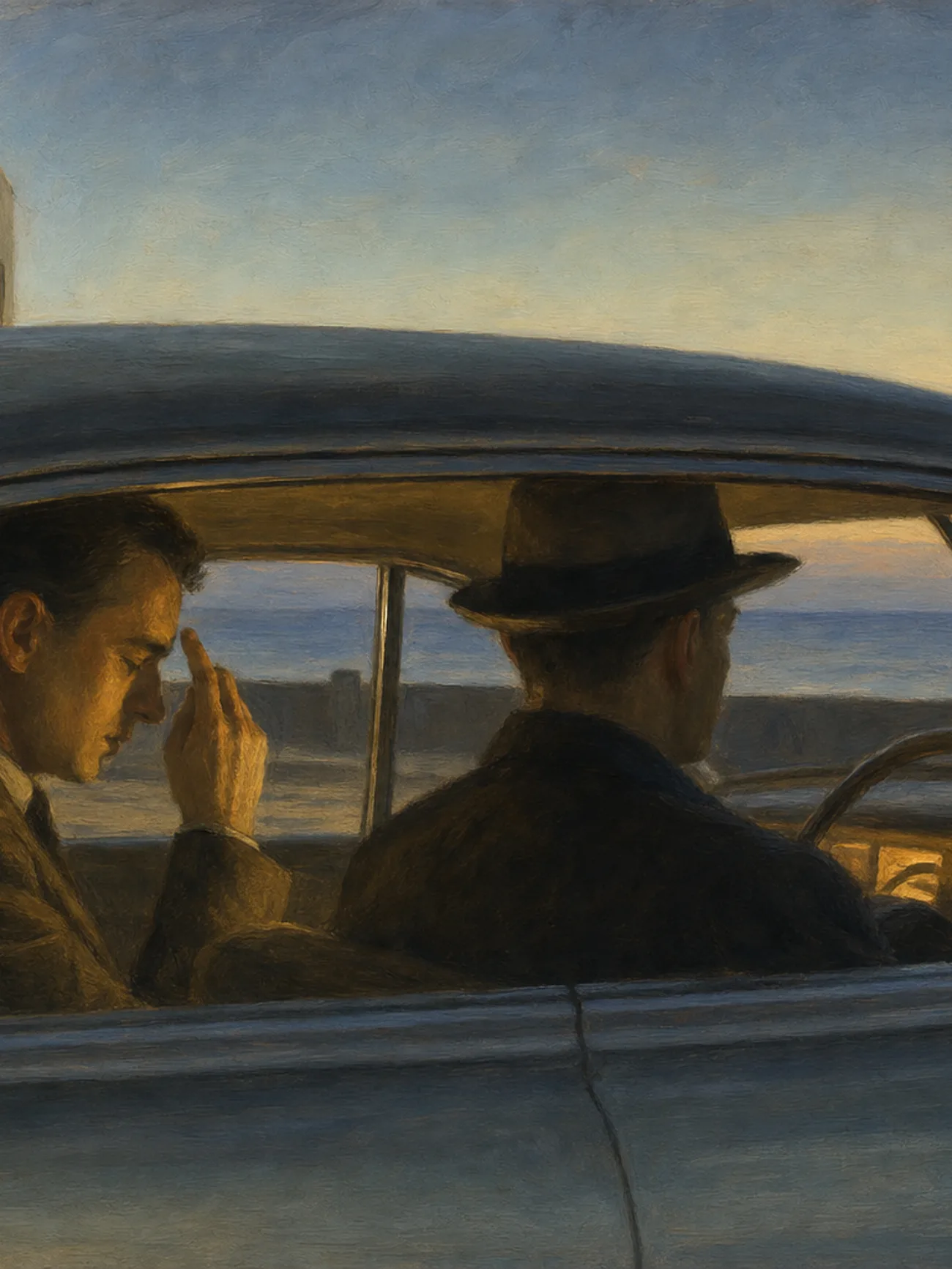 Painting in the manner of Edward Hopper: Two men seated in a car at dusk, one making the sign of the cross in warm evening light.