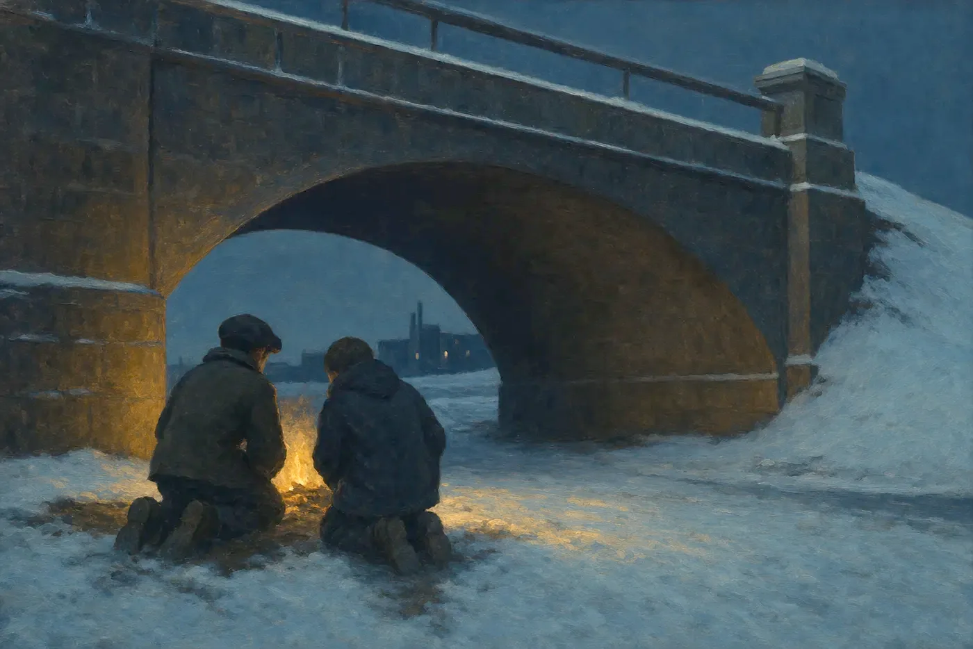 Painting in the manner of Edward Hopper: Two boys kneeling beside a small fire burning beneath a stone bridge on a winter night.