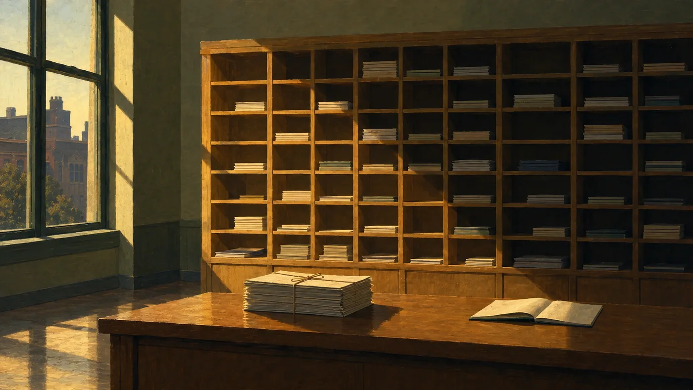 Painting in the manner of Edward Hopper: a wall of wooden pigeonholes holding stacked papers and booklets in late-afternoon light, a bundle of handouts tied with string on the counter below