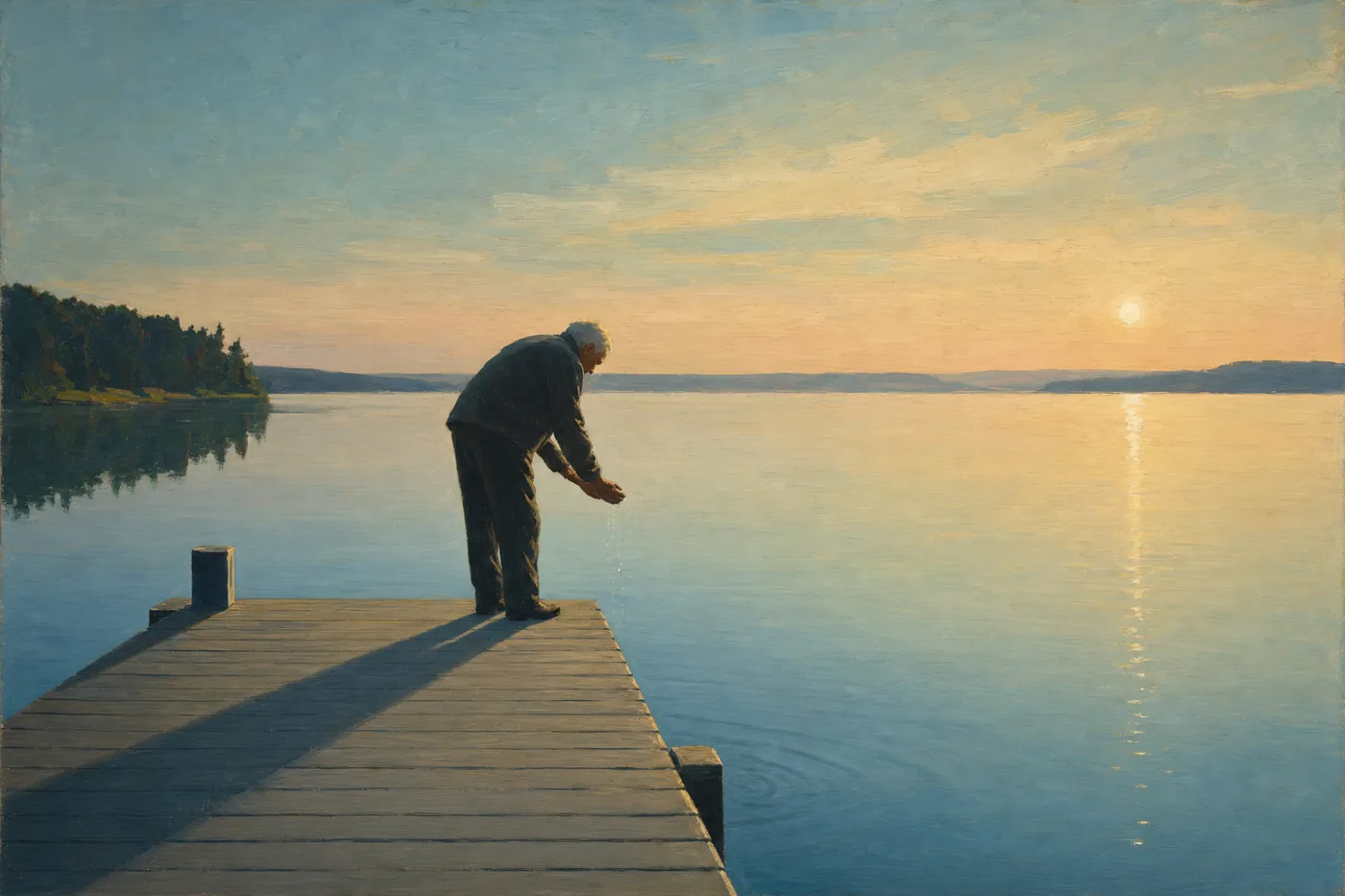 Painting in the style of Edward Hopper of an elderly man reaching toward still lake water from a wooden dock at sunrise